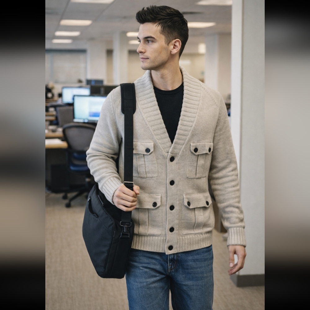 Soviet Black Men's Cardigan Grey Knit Sweater Military Style Utility Knit Size M